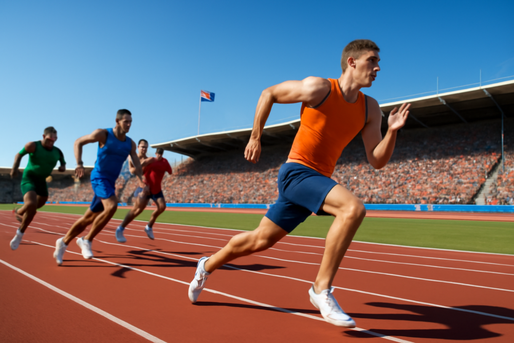 Atleten in actie op een atletiekbaan tijdens een wedstrijd in Nederland