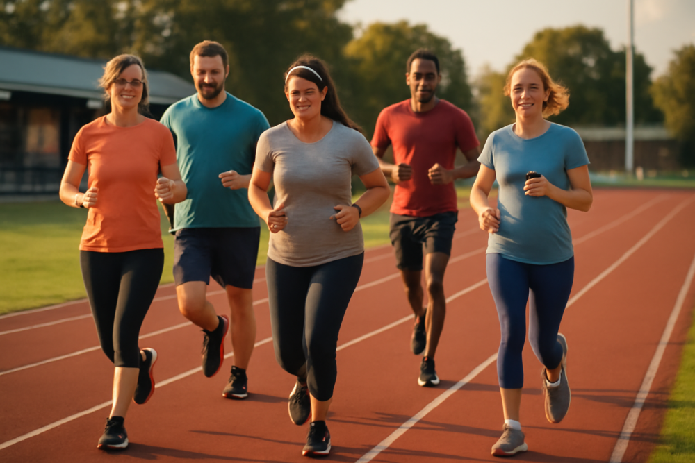 Volwassen beginners trainen samen op een atletiekbaan bij een sportvereniging