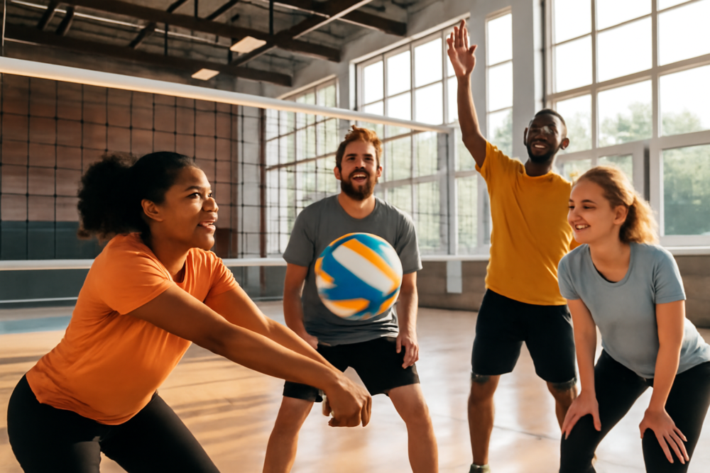 Collega's spelen samen volleybal in een moderne sportzaal tijdens een bedrijfssportdag