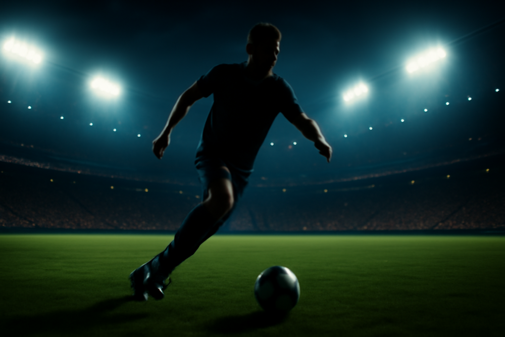 Voetballer in actie op een verlicht stadion tijdens een topwedstrijd in 2025