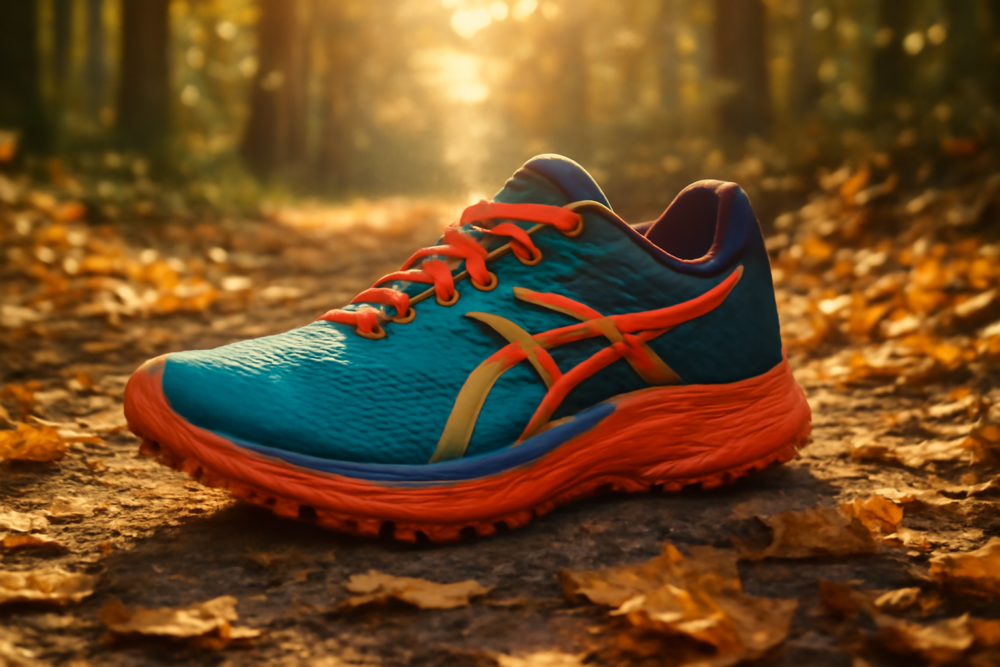 Hardloopschoenen op een bospad met herfstbladeren en zonlicht