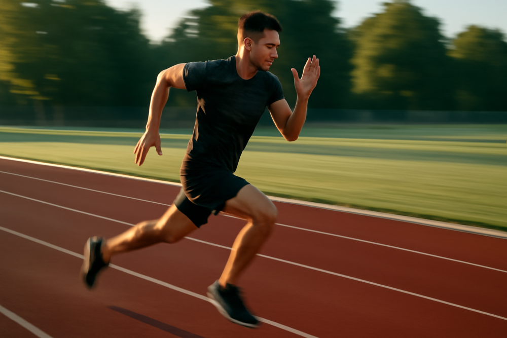 Hardloper op atletiekbaan tijdens intervaltraining op hoge snelheid