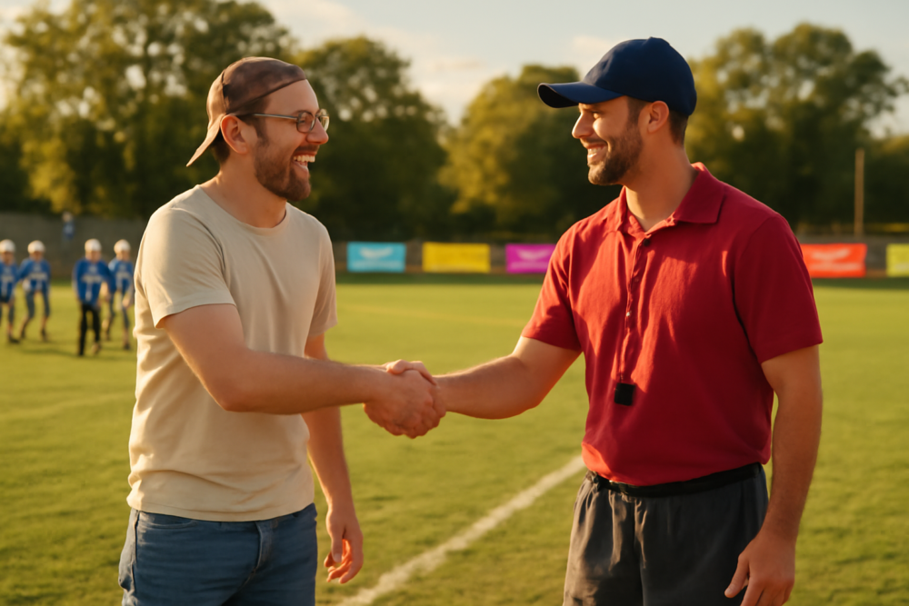 Lokaal ondernemer schudt hand met sportcoach langs voetbalveld met sponsorborden