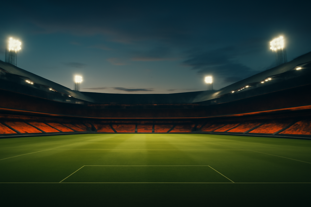 Verlicht Nederlands voetbalstadion bij schemering met oranje supporters doek in de tribunes