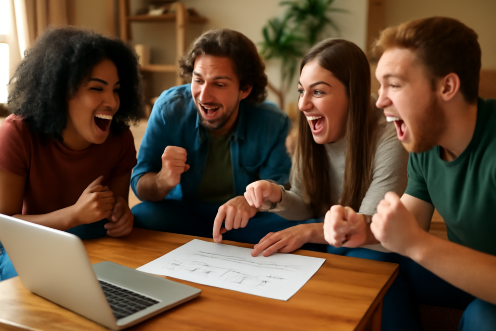 Vrienden die samen een sportpoule maken voor een toernooi op een laptop
