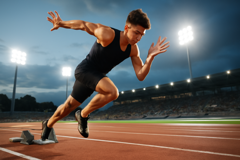 Sprinter explodeert vanuit startblokken op atletiekbaan tijdens training