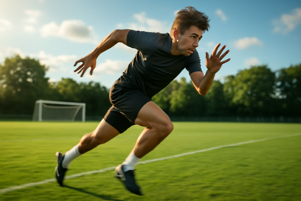 Voetballer werkt aan sprinttechniek met explosieve versnelling op trainingsveld