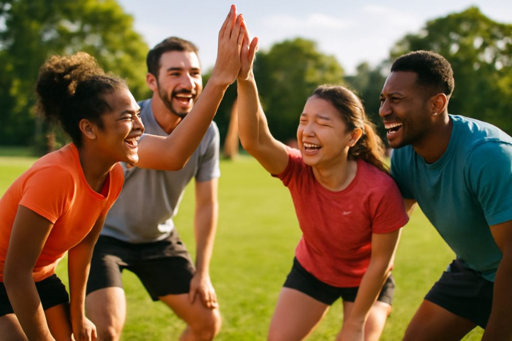Collega's doen mee aan een sportieve teambuilding activiteit op een groen sportveld
