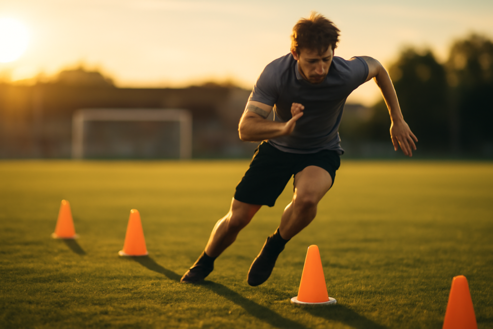 Voetballer doet conditietraining met sprintdrills op een groen voetbalveld