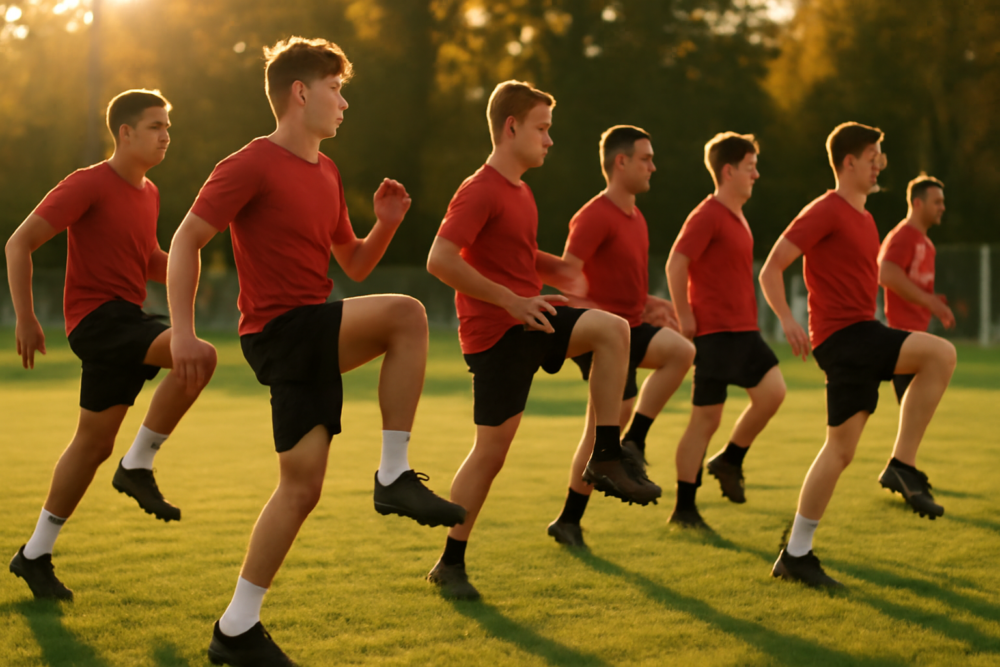 Voetballers doen een warming-up op het veld om blessures te voorkomen
