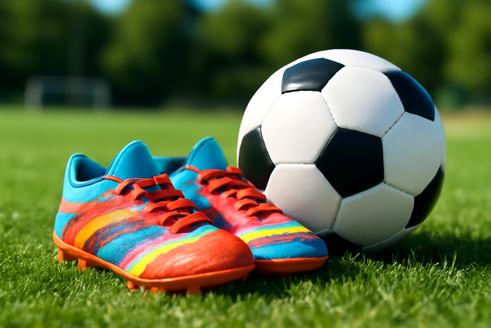 Kleurrijke voetbalschoenen voor kinderen op een groen grasveld naast een voetbal