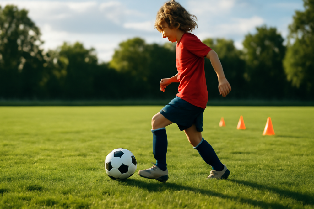 Beginnende voetballer oefent balbeheersing op een groen trainingsveld met pionnen