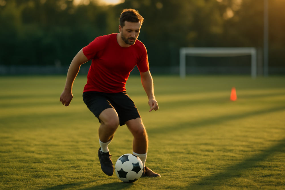 Gevorderde voetballer oefent dribbeltechniek op grasveld tijdens training bij avondlicht